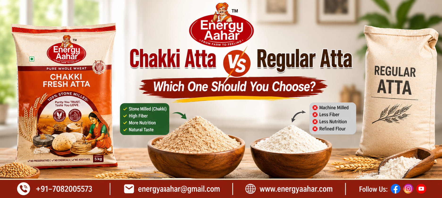 Chakki Atta vs Regular Atta comparison guide highlighting fiber, nutrition, taste, and health benefits of whole wheat flour