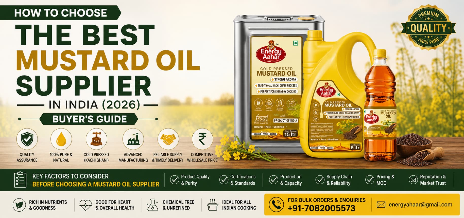 How to Choose the Best Mustard Oil Supplier in India (2026 Buyer's Guide) featuring Energy Aahar Cold Pressed Mustard Oil with quality assurance, purity, manufacturing standards, and supplier selection tips.
