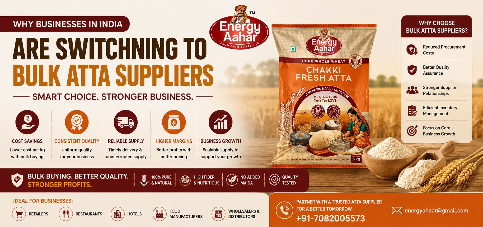 Why businesses in India are switching to bulk atta suppliers with Energy Aahar Chakki Fresh Atta, wholesale atta supplier, bulk wheat flour, food manufacturers, retailers, and restaurant supply.