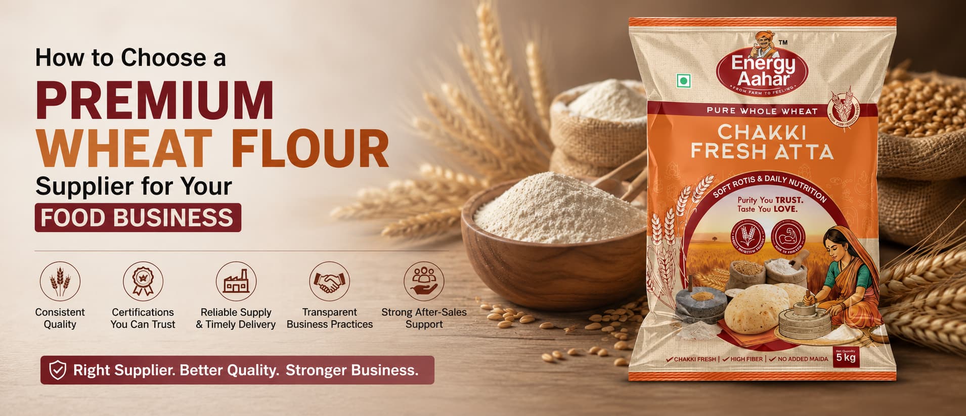 Premium wheat flour supplier for food businesses featuring Energy Aahar Chakki Fresh Atta 5kg. Wholesale wheat flour, chakki atta manufacturer, bulk atta supplier, high-fibre whole wheat flour for restaurants, hotels, caterers, retailers, and food process