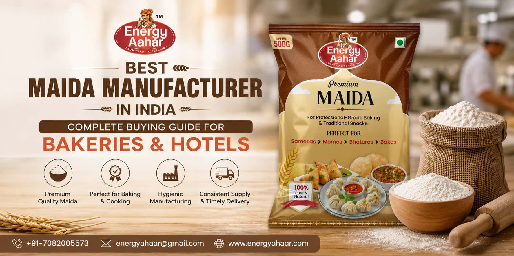 Best Maida manufacturer in India featuring Energy Aahar Premium Maida for bakeries, hotels, restaurants, cafés, and food manufacturers. High-quality refined wheat flour for baking, breads, cakes, pastries, pizzas, samosas, momos, bhaturas, and commercial 