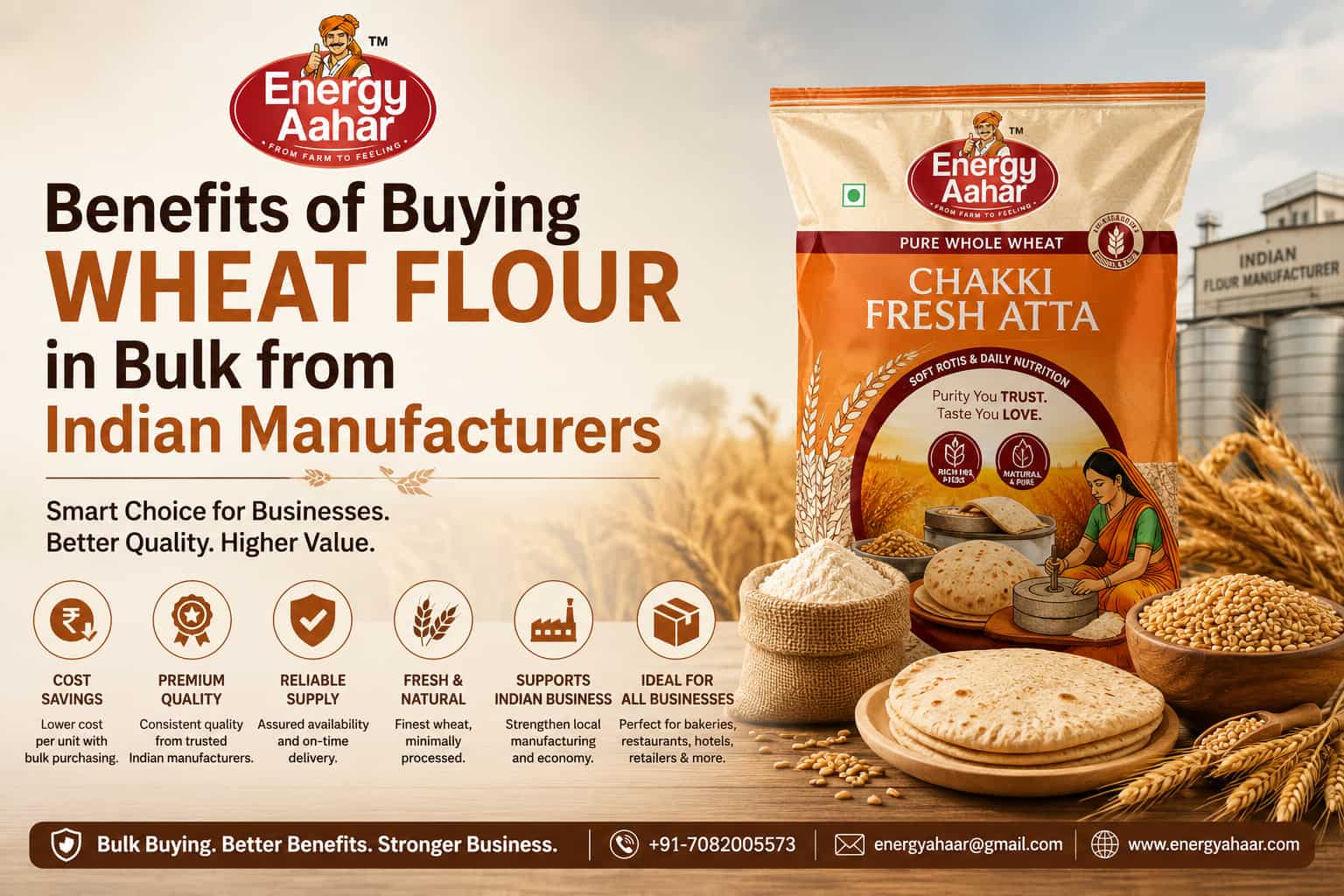 Benefits of buying wheat flour in bulk from Indian manufacturers featuring Energy Aahar Chakki Fresh Atta. Premium wholesale wheat flour supplier and bulk atta manufacturer in India for bakeries, hotels, restaurants, caterers, retailers, distributors, and