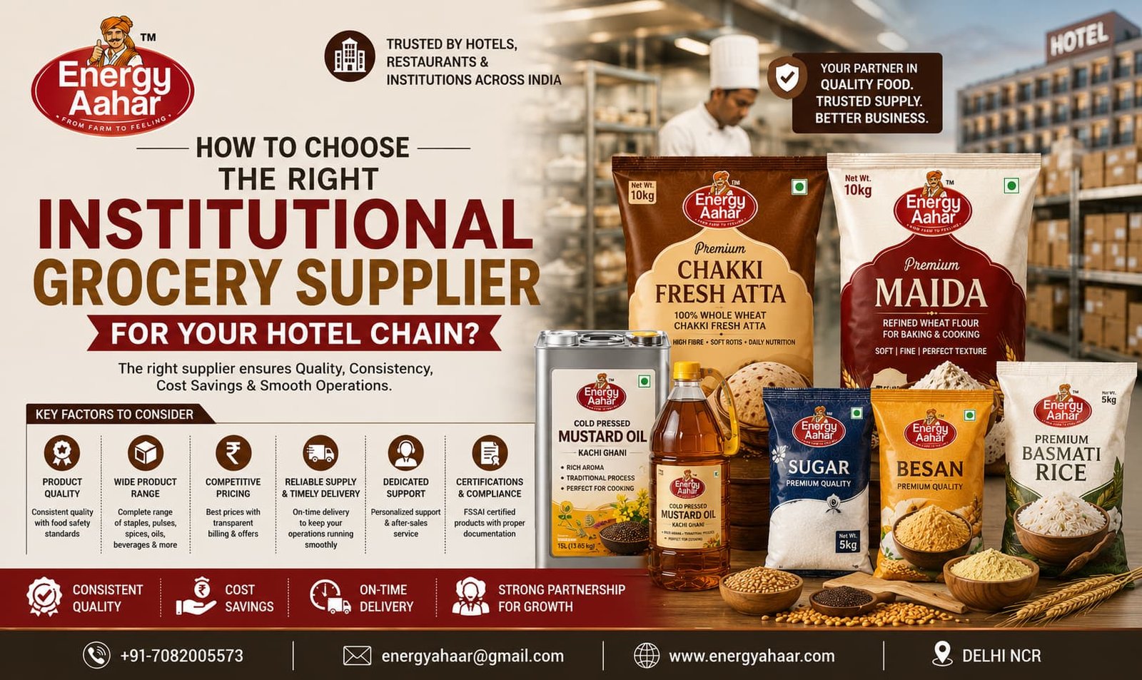 Institutional grocery supplier for hotel chains showcasing Energy Aahar premium bulk food products including wheat flour, maida, mustard oil, sugar, besan, and basmati rice. Wholesale grocery supplier for hotels, restaurants, caterers, hostels, hospitals,