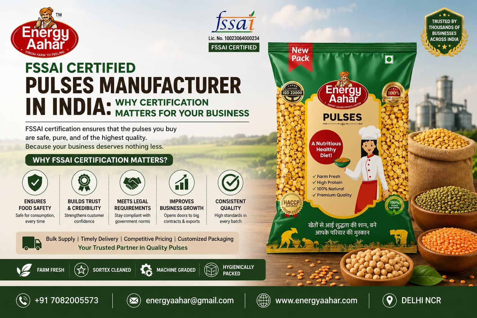 FSSAI certified pulses manufacturer in India featuring Energy Aahar premium pulses for bulk supply. Trusted wholesale pulses supplier offering quality, hygienically packed, machine-graded and sortex-cleaned pulses for hotels, restaurants, caterers, retail