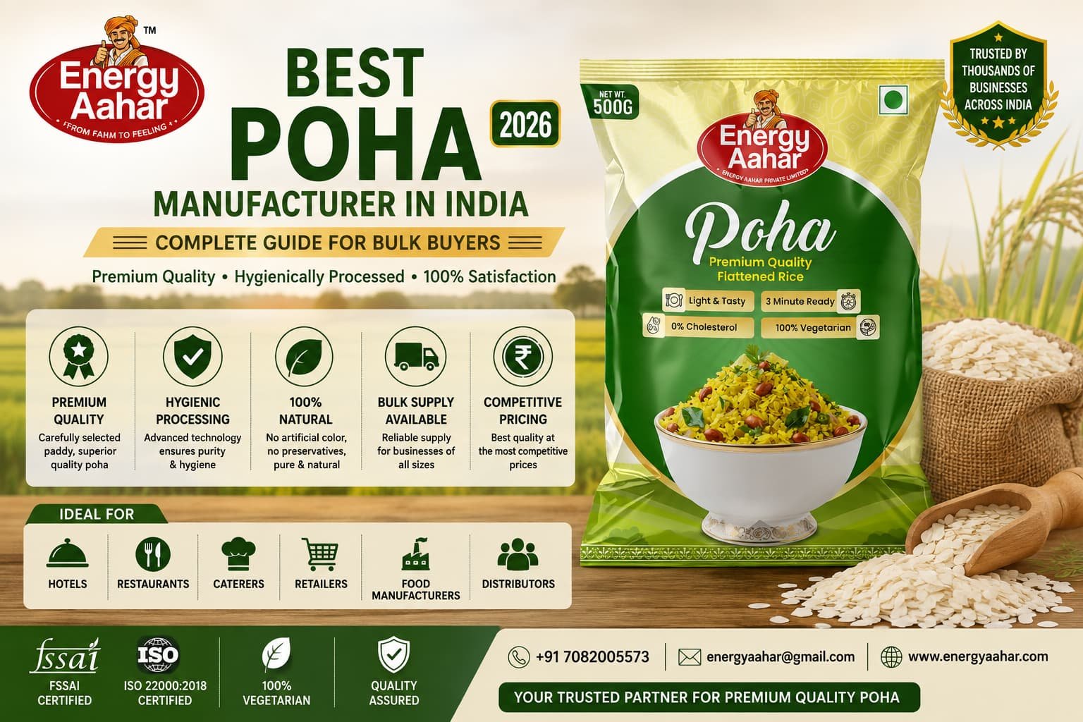 Best poha manufacturer in India in 2026 featuring Energy Aahar Premium Poha, a wholesale flattened rice supplier for bulk buyers, hotels, restaurants, caterers, retailers, distributors, and food manufacturers.