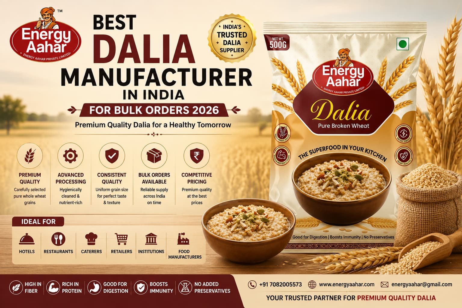Energy Aahar Premium Dalia – trusted bulk dalia manufacturer and wholesale broken wheat supplier in India, offering premium quality dalia for bulk buyers, hotels, restaurants, caterers, retailers, distributors, and food businesses.