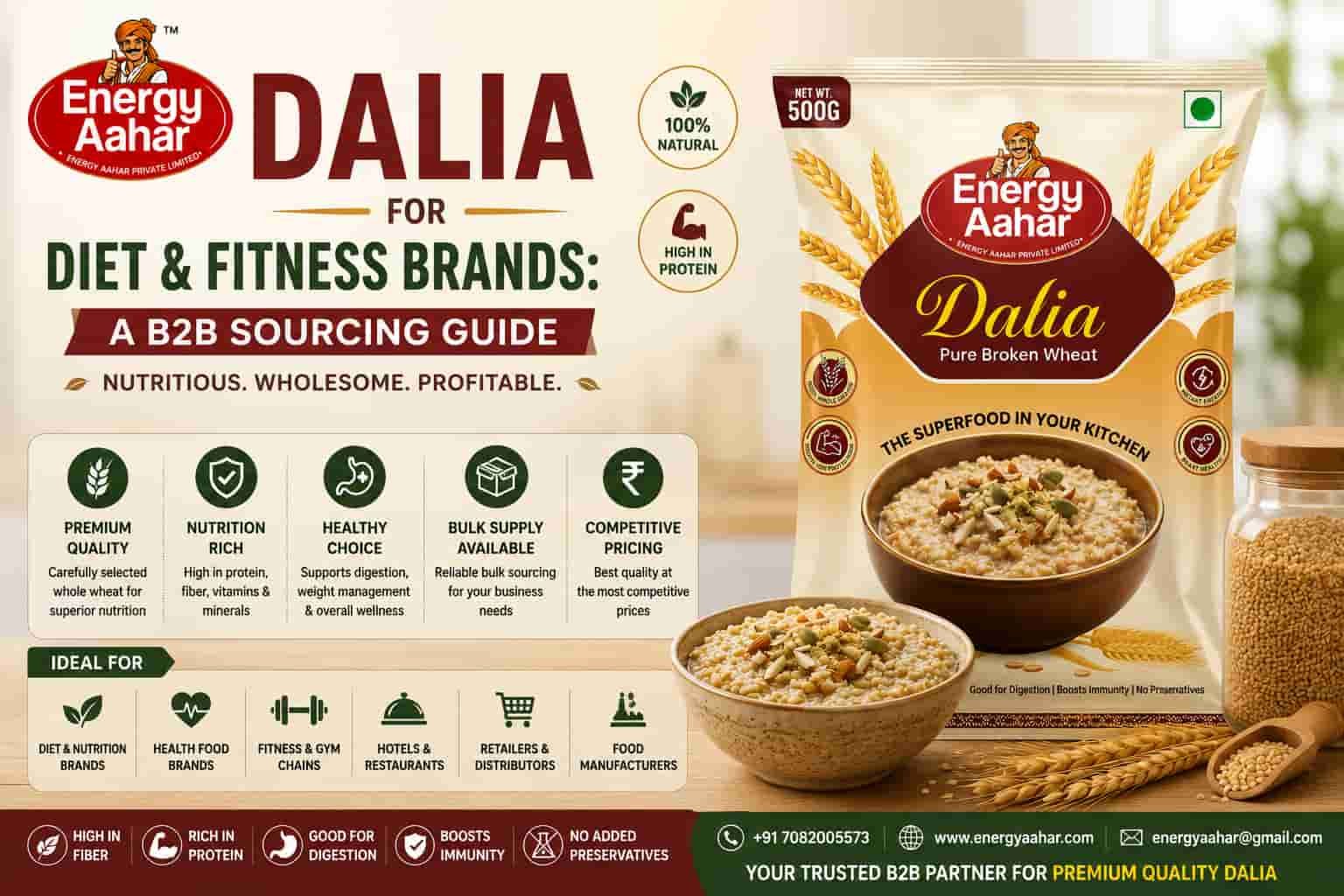 Dalia for diet and fitness brands featuring Energy Aahar Premium Dalia, a wholesale broken wheat supplier for health food brands, gyms, nutrition businesses, hotels, restaurants, retailers, and bulk buyers in India.