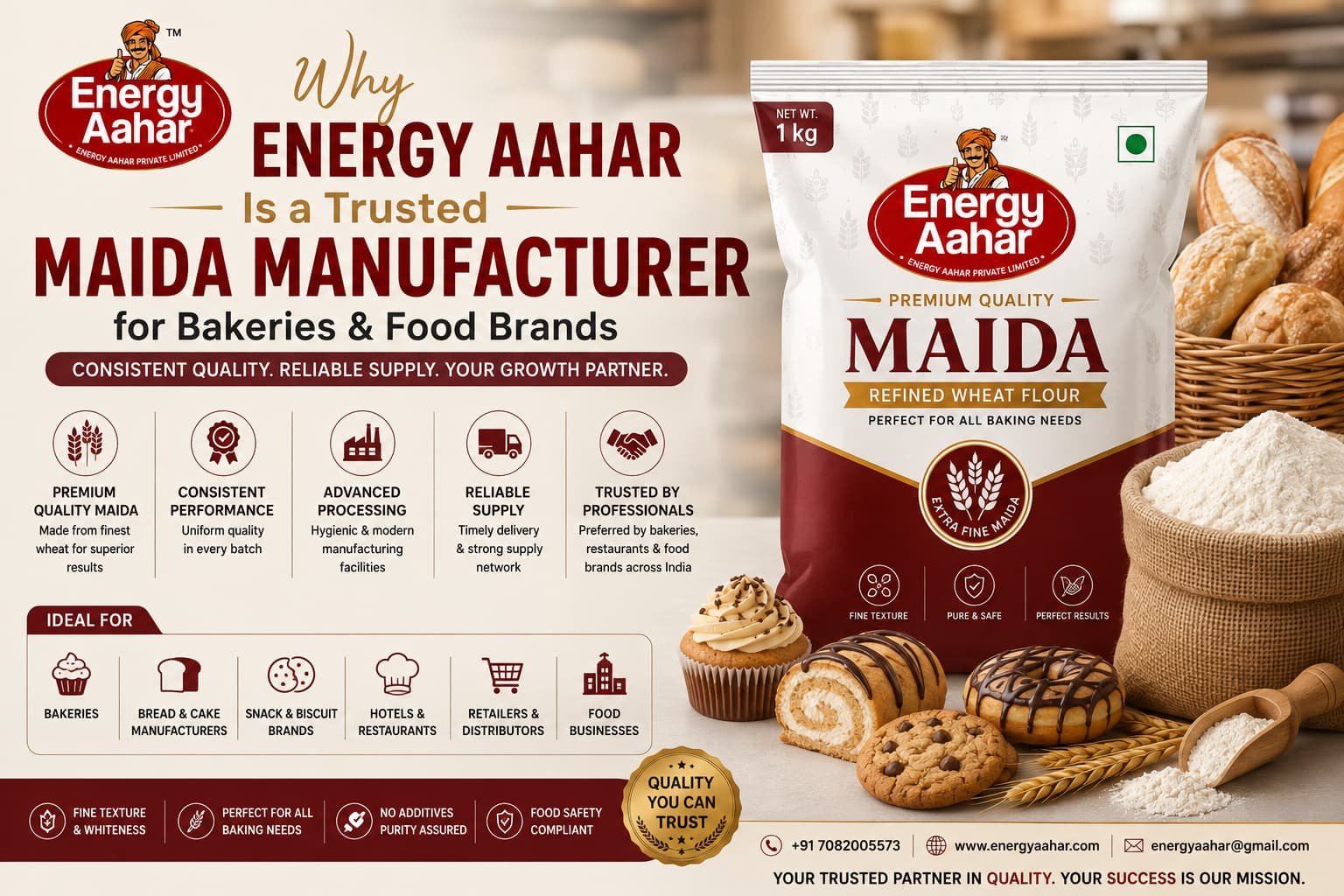 Trusted Maida manufacturer in India featuring Energy Aahar Premium Maida for bakeries and food brands, offering high-quality refined wheat flour with consistent performance and reliable bulk supply for bread, cakes, biscuits, pastries, hotels, restaurants