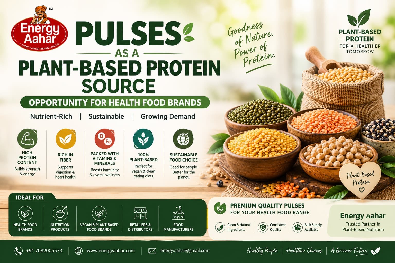 Pulses as a plant-based protein source featuring Energy Aahar premium pulses for health food brands, nutrition products, and vegan food businesses. Bulk pulses supplier in India offering nutritious, high-protein, fiber-rich pulses for health-focused brand