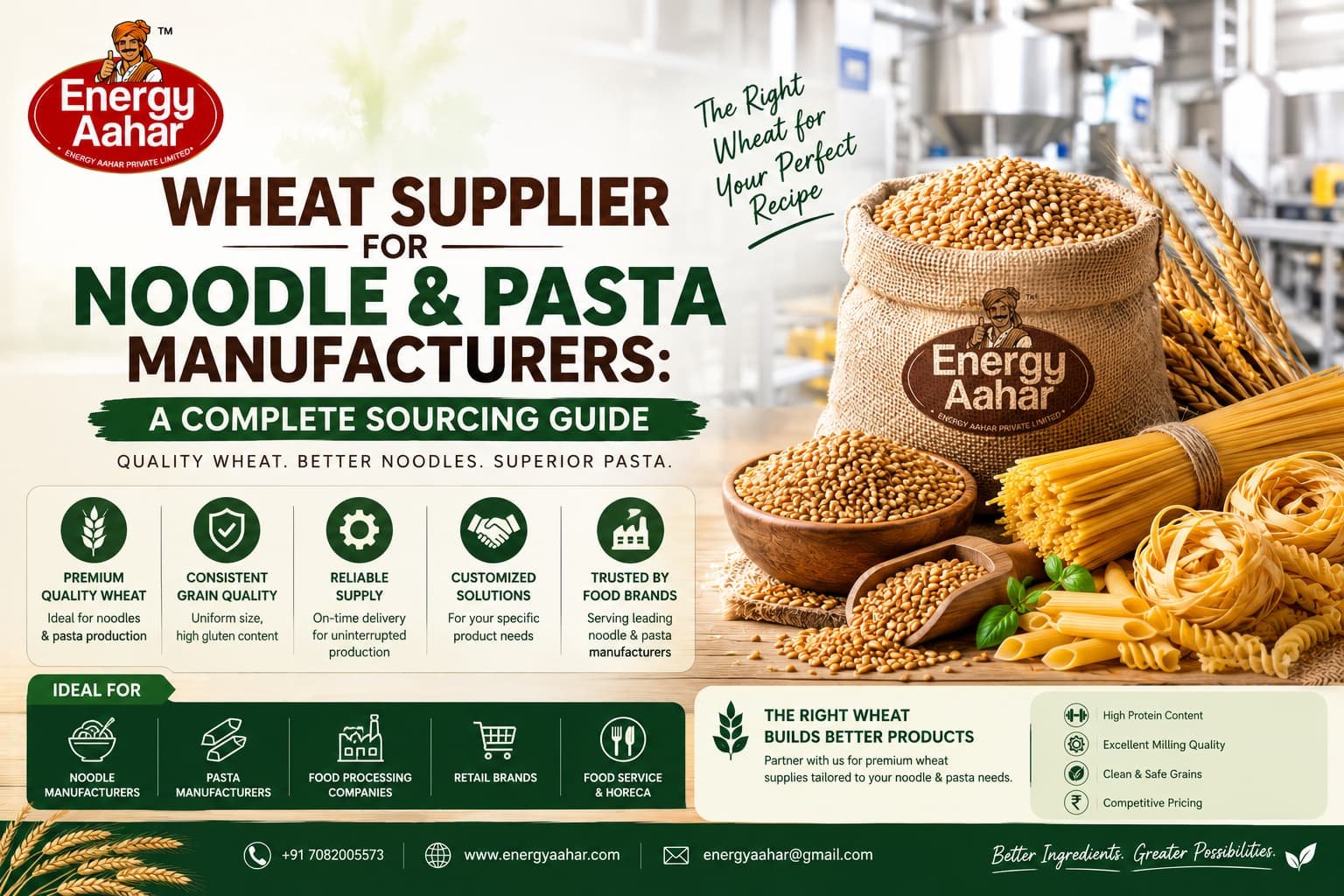 Wheat supplier for noodle and pasta manufacturers in India, featuring Energy Aahar premium quality wheat for bulk sourcing, consistent grain quality, reliable supply, and food manufacturing requirements.