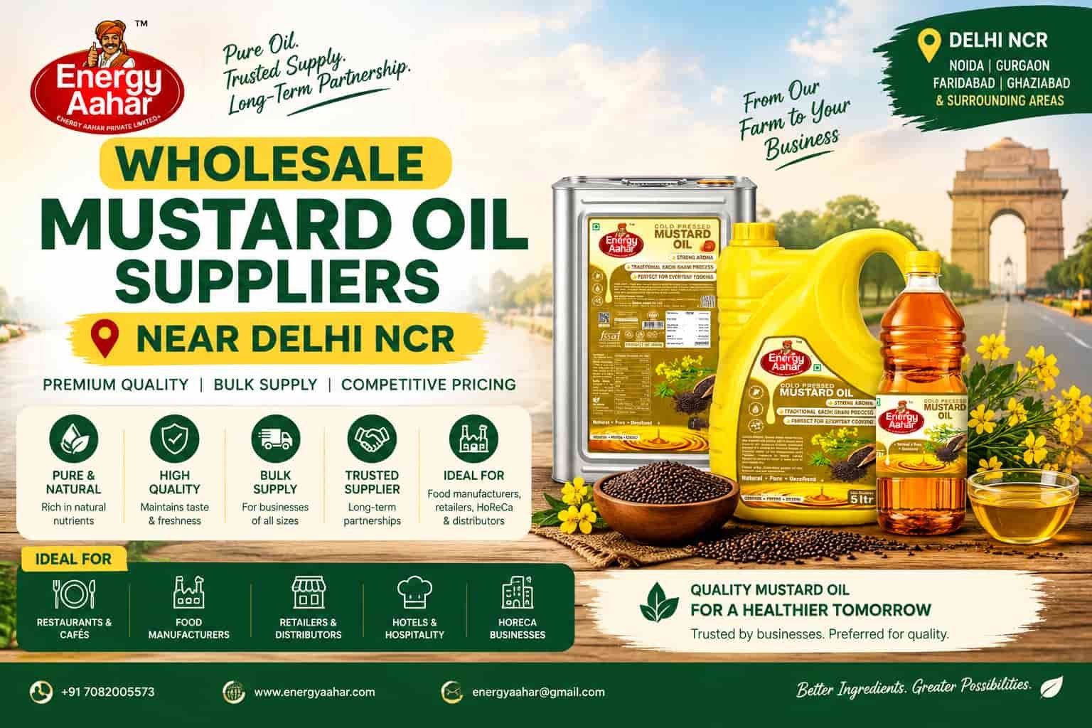 Wholesale mustard oil suppliers near Delhi NCR featuring Energy Aahar mustard oil in bulk packs for restaurants, food manufacturers, hotels, retailers, distributors, and HoReCa businesses
